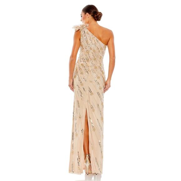 Mac Duggal 93739 Embellished Floral Detail One Shoulder Gown Nude Gold 10 $498 - Picture 2 of 12